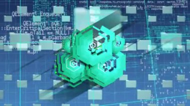 Mavi arkaplandaki veri işleme üzerinde yeşil şekillerin ve simgelerin canlandırılması. küresel bağlantılar ve veri işleme konsepti dijital olarak oluşturulmuş video.