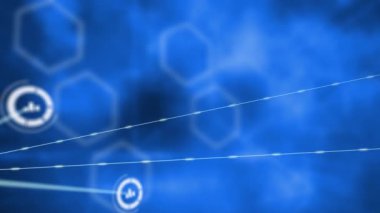 Mavi arkaplandaki şekillerin üzerindeki simgelerle bağlantı ağının animasyonu. küresel bağlantılar ve veri işleme konsepti dijital olarak oluşturulmuş video.
