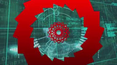 Kapsam taramasında kırmızı şekillerin canlandırılması, insan modeli ve siyah arkaplanda veri işleme. küresel bağlantılar ve veri işleme konsepti dijital olarak oluşturulmuş video.