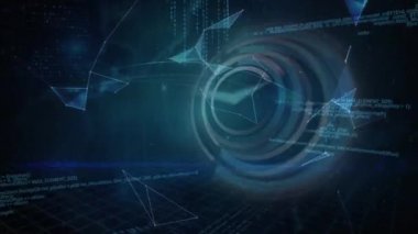 Hareket eden saatin ve çeşitli veri işlemenin animasyonu. küresel iş, dijital arayüz, zaman ve teknoloji konsepti dijital olarak oluşturulmuş video.