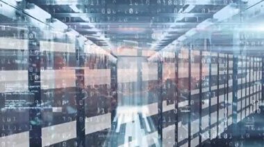 Sunucu odasında beyin ve ikili kodlama animasyonu. küresel teknoloji, bağlantılar ve dijital arayüz konsepti dijital olarak oluşturulmuş video.