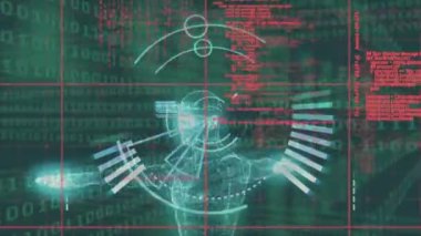 Kapsam taraması ve insan modelinin siyah arkaplandaki veri işleme üzerine animasyonu. küresel bağlantılar ve veri işleme konsepti dijital olarak oluşturulmuş video.