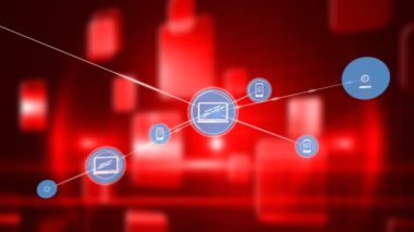 Kırmızı arkaplandaki şekillerin üzerindeki simgelerle bağlantı ağının canlandırılması. küresel bağlantılar ve veri işleme konsepti dijital olarak oluşturulmuş video.