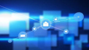 Mavi arkaplandaki şekillerin üzerindeki simgelerle bağlantı ağının animasyonu. küresel bağlantılar ve veri işleme konsepti dijital olarak oluşturulmuş video.