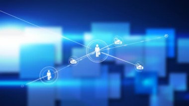 Mavi arkaplandaki şekillerin üzerindeki simgelerle bağlantı ağının animasyonu. küresel bağlantılar ve veri işleme konsepti dijital olarak oluşturulmuş video.