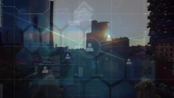Animação Rede Conexões Com Ícones Sobre Paisagem Urbana Conceito Global — Vídeo de Stock