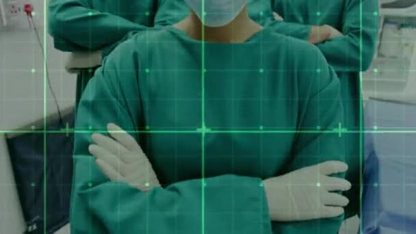 用不同的口罩在不同的外科医生的网格上动画标记 全球医学 医疗保健服务和数据处理概念数码视频 — 图库视频影像
