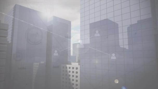 Animación Red Conexiones Con Iconos Sobre Paisaje Urbano Negocio Global — Vídeos de Stock