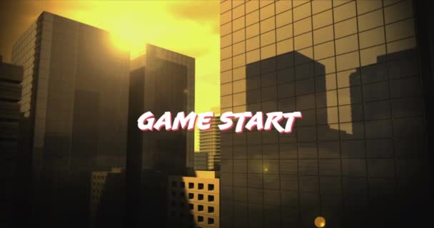 Animering Spelet Börjar Över Stadsbilden Gult Videospel Anslutningar Och Underhållningskoncept — Stockvideo