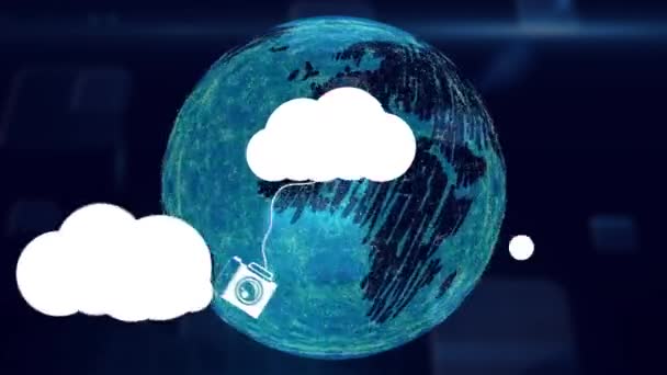 Dünya Üzerinde Çeşitli Bilgisayar Cihazları Olan Dijital Bulutların Animasyonu Küresel — Stok video
