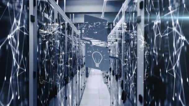 Анимирование Обработки Хранения Данных Над Серверной Комнатой Глобальные Технологии Соединения — стоковое видео