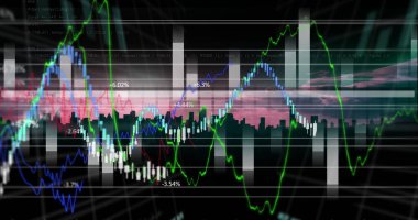 Şehir manzarası üzerinde finansal veri işleme resmi. küresel iş, finans, bağlantılar ve dijital arayüz konsepti dijital olarak oluşturulmuş görüntü.