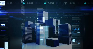 Şehir manzarası üzerinde finansal veri işleme resmi. küresel iş, finans, bağlantılar ve dijital arayüz konsepti dijital olarak oluşturulmuş görüntü.