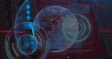 Parlayan gezegenin üzerindeki ekranlarda veri işleme görüntüsü. küresel veri işleme ve dijital arayüz konsepti dijital olarak oluşturulmuş resim.