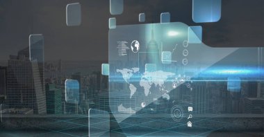 Şehir manzarasının havadan görüntüsüne karşı veri işleme ile dijital arayüz. bilgisayar arayüzü ve iş teknolojisi kavramı