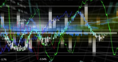 Şehir manzarası üzerinde finansal veri işleme resmi. küresel iş, finans, bağlantılar ve dijital arayüz konsepti dijital olarak oluşturulmuş görüntü.