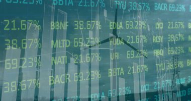 Mavi zemin üzerinde rüzgar türbini üzerinde istatistik ve veri işleme görüntüsü. Çevre, yenilenebilir enerji ve sürdürülebilirlik kavramı dijital olarak oluşturulmuş görüntü.