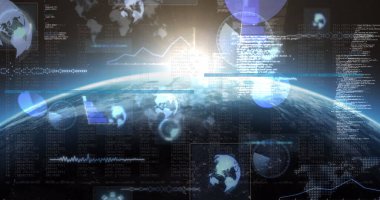 Parlayan yıldız ve gezegenin üzerindeki ekranlarda veri işleme görüntüsü. küresel veri işleme ve dijital arayüz konsepti dijital olarak oluşturulmuş resim.