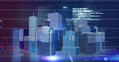 Şehir manzarası üzerinde finansal veri işleme resmi. küresel iş, finans, bağlantılar ve dijital arayüz konsepti dijital olarak oluşturulmuş görüntü.