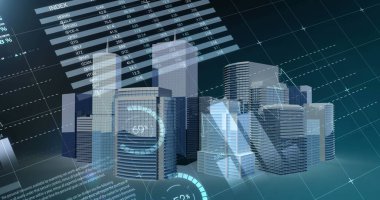 Şehir manzarası üzerinde finansal veri işleme resmi. küresel iş, finans, bağlantılar ve dijital arayüz konsepti dijital olarak oluşturulmuş görüntü.
