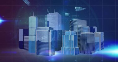 Şehir manzarası üzerinde finansal veri işleme resmi. küresel iş, finans, bağlantılar ve dijital arayüz konsepti dijital olarak oluşturulmuş görüntü.