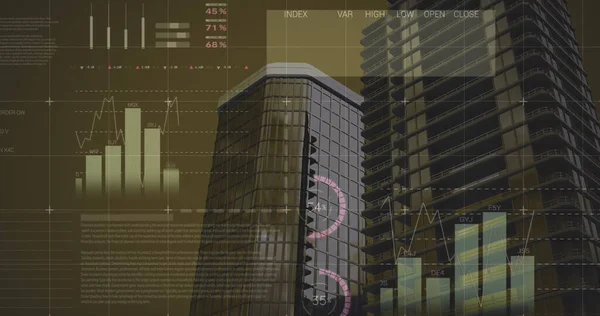 Imagen Del Procesamiento Datos Financieros Sobre Edificios Negocio Global Finanzas — Foto de Stock