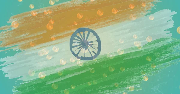 Εικόνα Των Συμβόλων Bitcoin Ρέει Πάνω Από Σημαία Της Ινδίας — Φωτογραφία Αρχείου