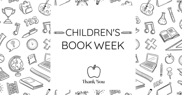 Afbeelding Van Kinderen Boek Week Tekst School Items Witte Achtergrond — Stockfoto