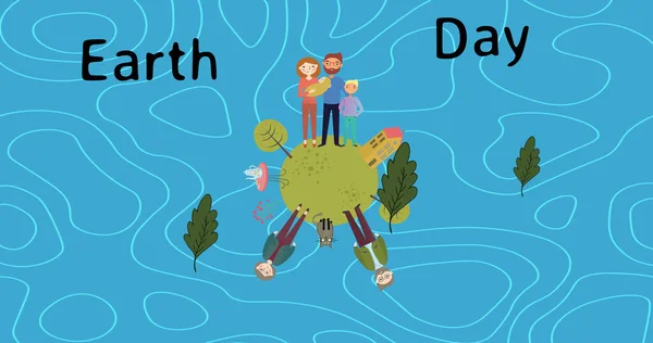 Image Earth Day Text Family Globe Leaves Blue Background Earth — Stock Photo, Image