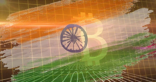 Obrázek Symbolu Bitcoinu Binární Kódování Nad Vlajkou Indie Pozadí Globální — Stock fotografie