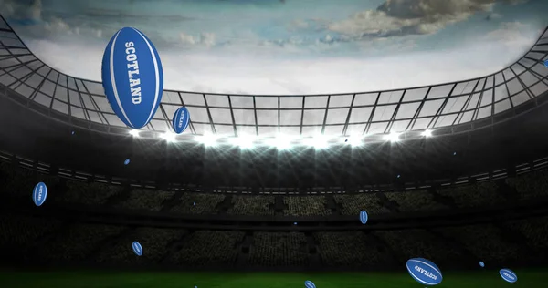 在体育场 蓝色橄榄球球与苏格兰文图片 体育和竞争概念数字生成的图像 — 图库照片