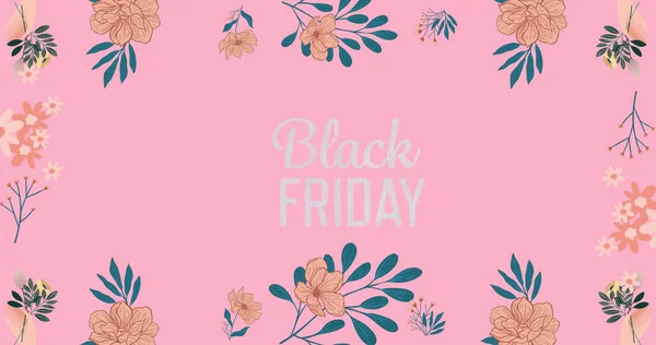 Image Black Friday Text Flowers Pink Background Sales Retail Savings — Stock Photo, Image