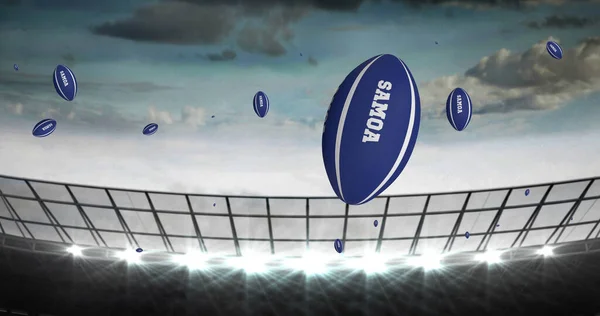 Afbeelding Van Blauwe Rugbyballen Met Samoa Tekst Het Stadion Digitaal — Stockfoto