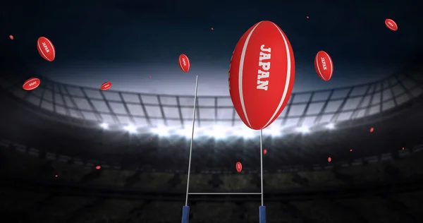 Immagine Palline Rugby Rosse Con Testo Giapponese Allo Stadio Concetto — Foto Stock