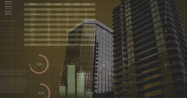 Imagen Del Procesamiento Datos Financieros Sobre Edificios Negocio Global Finanzas — Foto de Stock