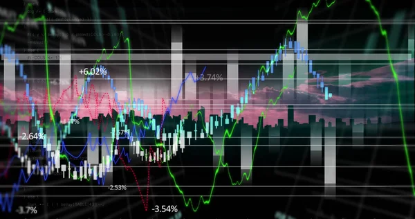 Imagen Del Procesamiento Datos Financieros Través Del Paisaje Urbano Negocio — Foto de Stock