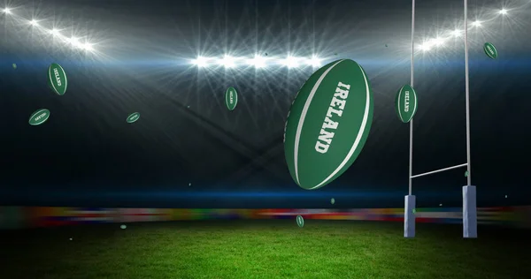 Wizerunek Zielonych Kulek Rugby Irlandzkim Tekstem Stadionie Koncepcja Sportu Konkurencji — Zdjęcie stockowe