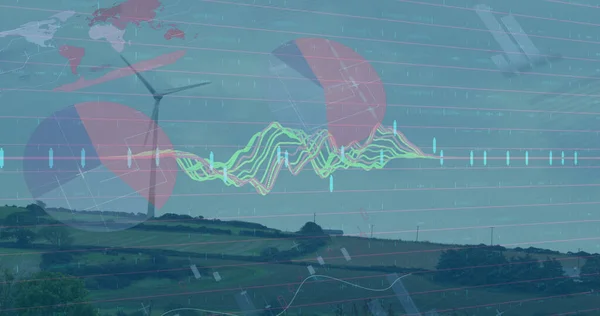 Kék Hátterű Szélturbina Feletti Statisztika Adatfeldolgozás Képe Környezetvédelem Megújuló Energia — Stock Fotó
