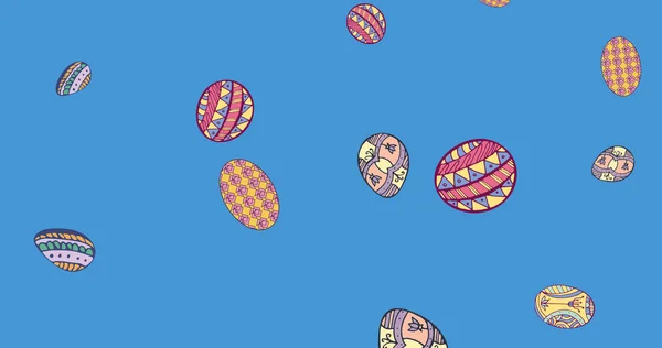 Imagen Huevos Pascua Cayendo Sobre Fondo Azul Domingo Pascua Concepto —  Fotos de Stock