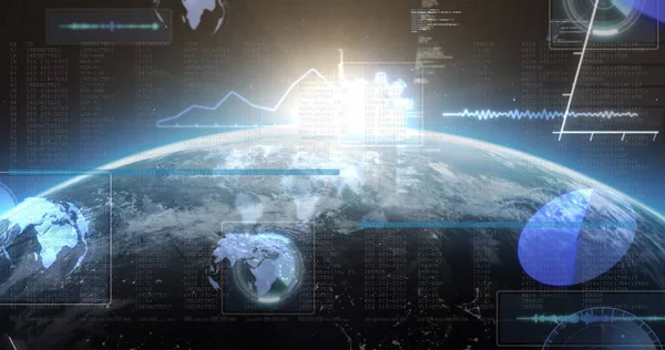 Imagem Processamento Dados Telas Sobre Estrela Brilhante Planeta Terra Conceito — Fotografia de Stock