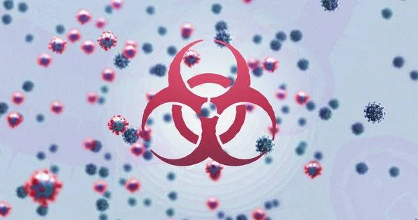 Obrázek Plovoucích Buněk Viru Symbol Biohazardu Modrém Pozadí Globální Medicína — Stock fotografie