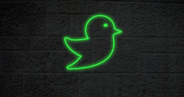 Bild Eines Leuchtenden Neonfarbenen Vogelsymbols Der Ziegelwand Social Media Und — Stockfoto
