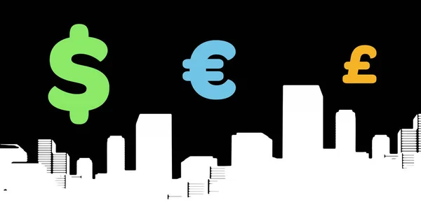 Imagen Símbolos Dinero Sobre Paisaje Urbano Negocio Global Finanzas Conexiones — Foto de Stock
