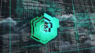 Siyah arkaplandaki maddeler üzerinden yeşil şekillerin ve veri işlemenin animasyonu. küresel bağlantılar ve veri işleme konsepti dijital olarak oluşturulmuş video.