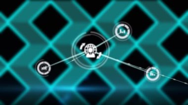 Siyah arkaplandaki şekillerin üzerindeki simgelerle bağlantı ağının canlandırılması. küresel bağlantılar ve veri işleme konsepti dijital olarak oluşturulmuş video.