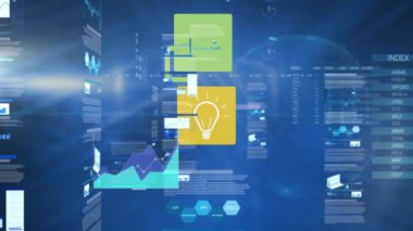 Bağlantılar ağının animasyonu ve mavi arkaplan üzerinden finansal veri işleme. küresel teknoloji, bağlantılar ve veri işleme kavramı dijital olarak oluşturulmuş video.