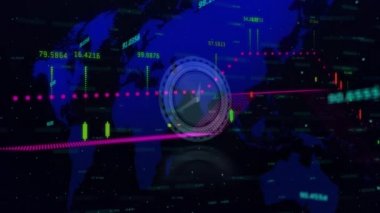 Saat ve dünya haritası üzerinden borsa verilerinin animasyonu. küresel iş, dijital arayüz, zaman ve teknoloji konsepti dijital olarak oluşturulmuş video.