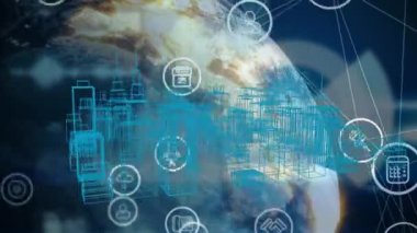 Dijital şehir ve dünya üzerindeki bağlantı ağının animasyonu. küresel iş, bağlantılar ağı ve teknoloji konsepti dijital olarak oluşturulmuş video.