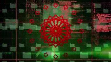 Siyah arkaplanda veri işleme üzerine kırmızı şekillerin ve simgelerin canlandırılması. küresel bağlantılar ve veri işleme konsepti dijital olarak oluşturulmuş video.