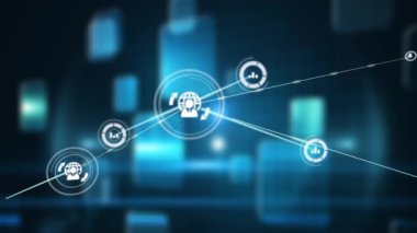 Siyah arkaplandaki şekillerin üzerindeki simgelerle bağlantı ağının canlandırılması. küresel bağlantılar ve veri işleme konsepti dijital olarak oluşturulmuş video.